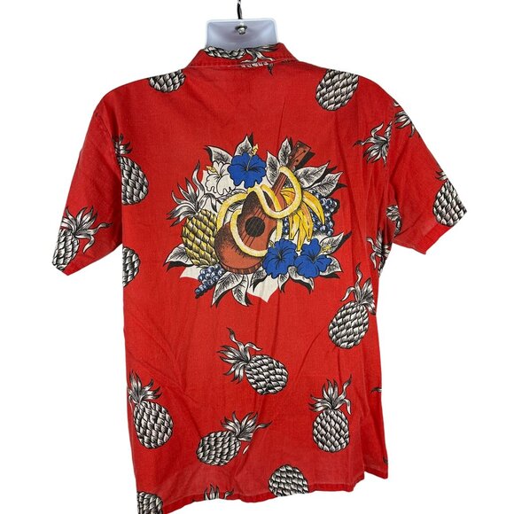 Vintage Magnum 357 Mens Red Hawaiian Shirt With Pineapple & Ukulele Print Size L - Picture 2 of 5